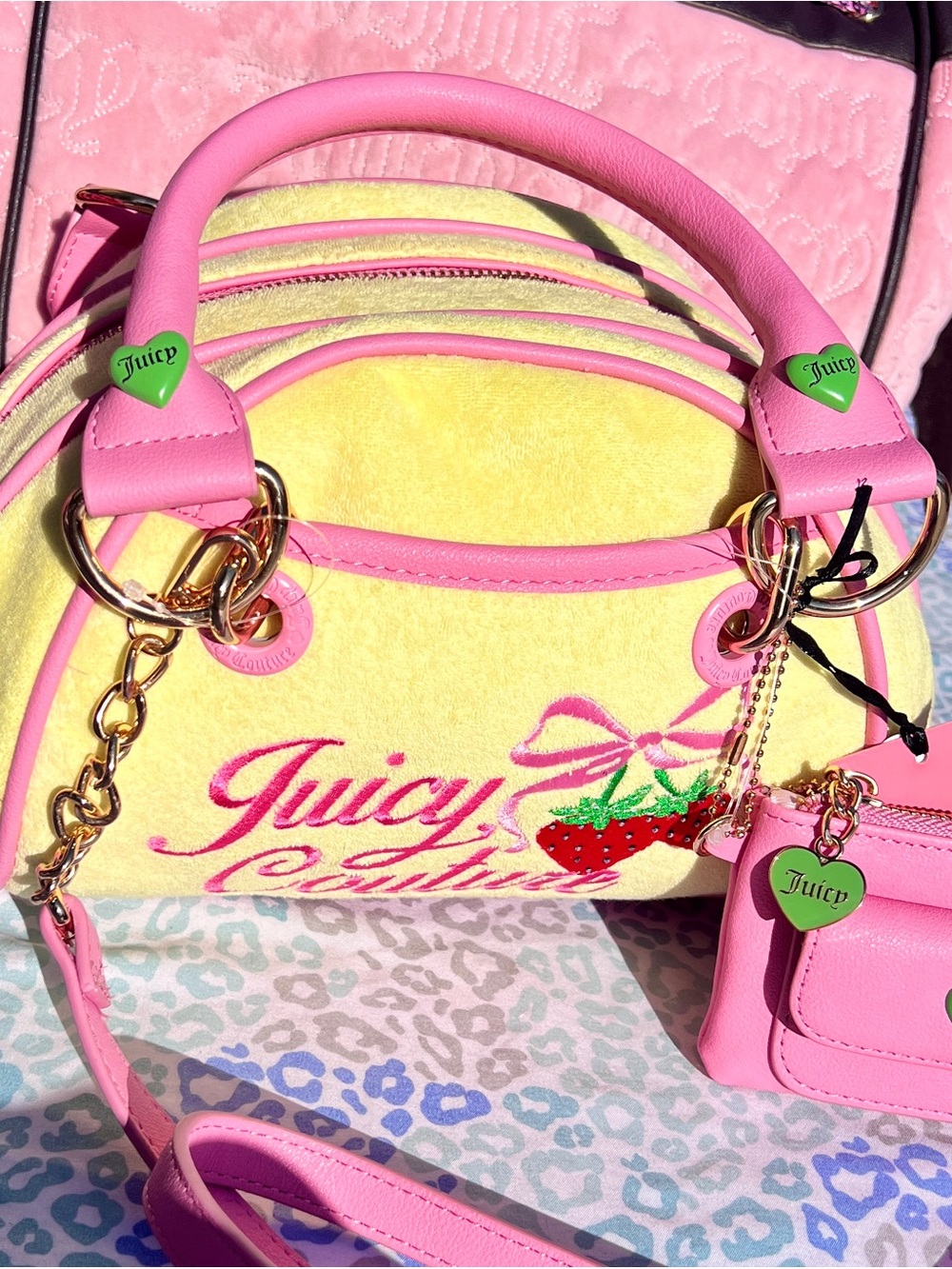 New Yellow Juicy Couture Purse Bowler Bag Handbag Satchel Strawberry Terry Cloth